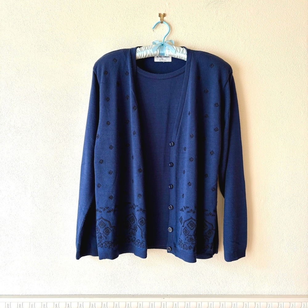 Vintage Alfred Dunner Navy Blue Beaded Cardigan Sweater Twin Set USA Made Size L